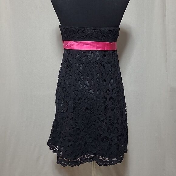 Betsey Johnson Dress Sz 4 Black Pink Fit & Flare Strapless Embroidered Lace - Picture 3 of 10